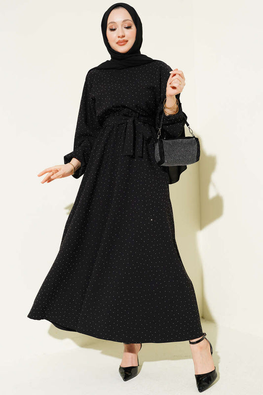 Mini Taşlı Beli Lastikli Elbise siyah