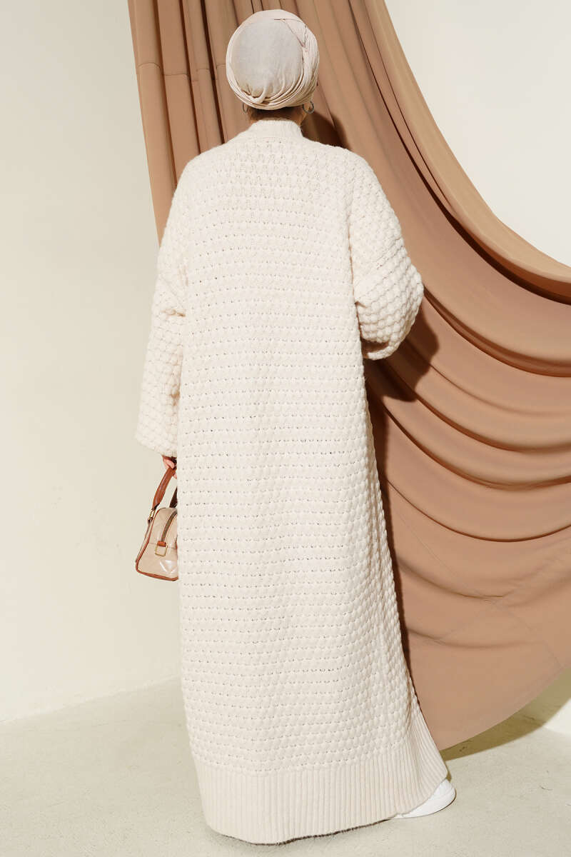 Nohut Desen Uzun Triko Hırka ekru