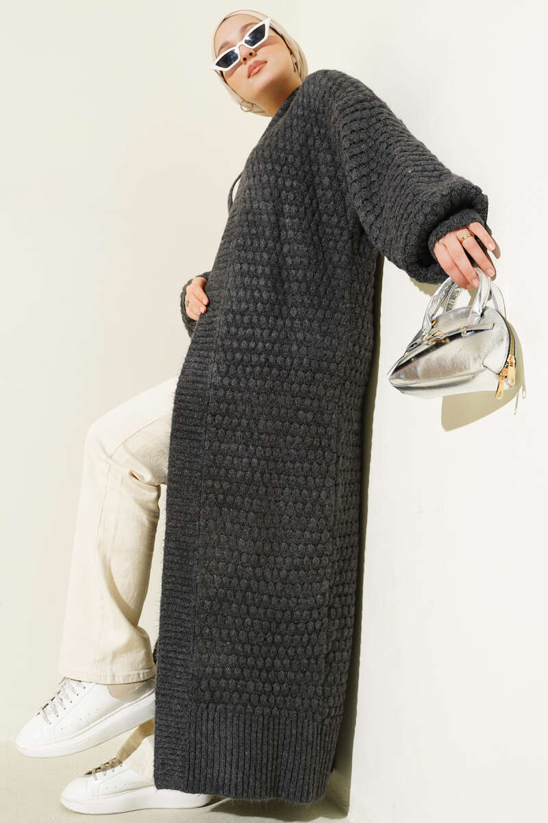 Nohut Desen Uzun Triko Hırka gri
