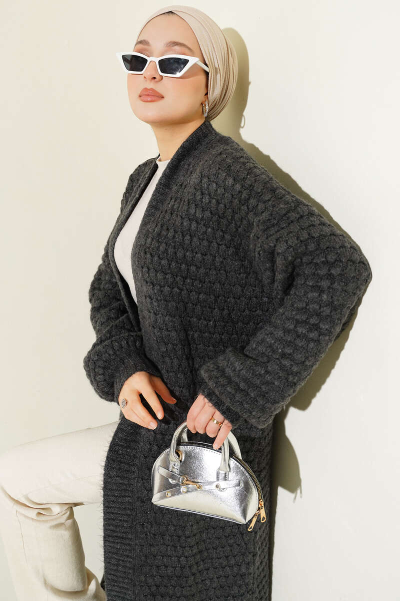 Nohut Desen Uzun Triko Hırka gri