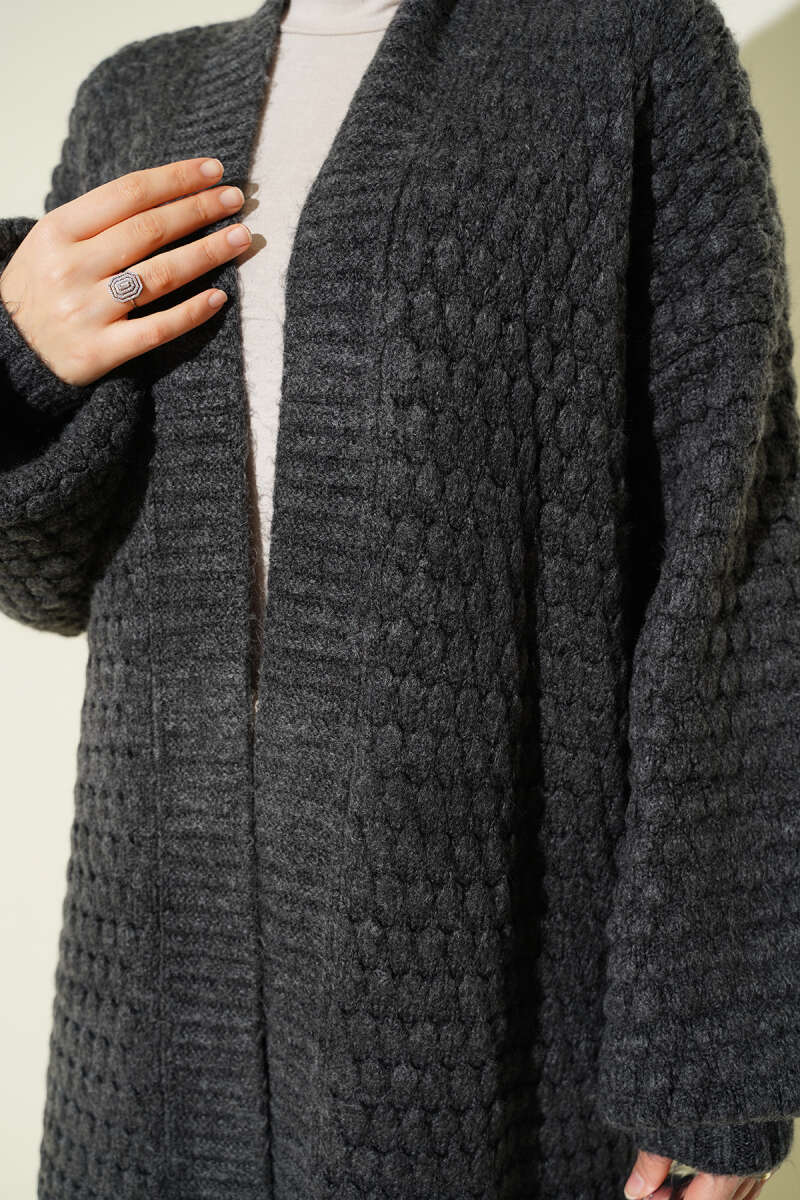 Nohut Desen Uzun Triko Hırka gri