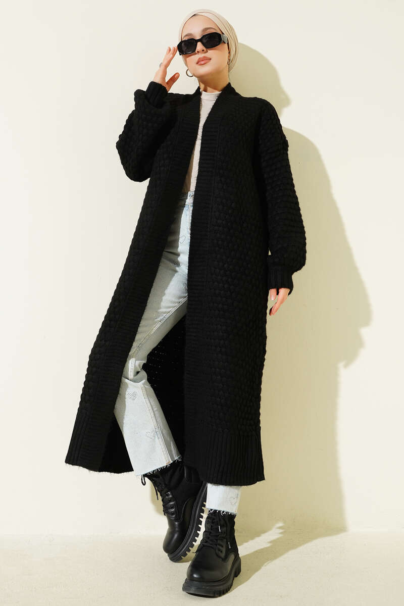 Nohut Desen Uzun Triko Hırka siyah