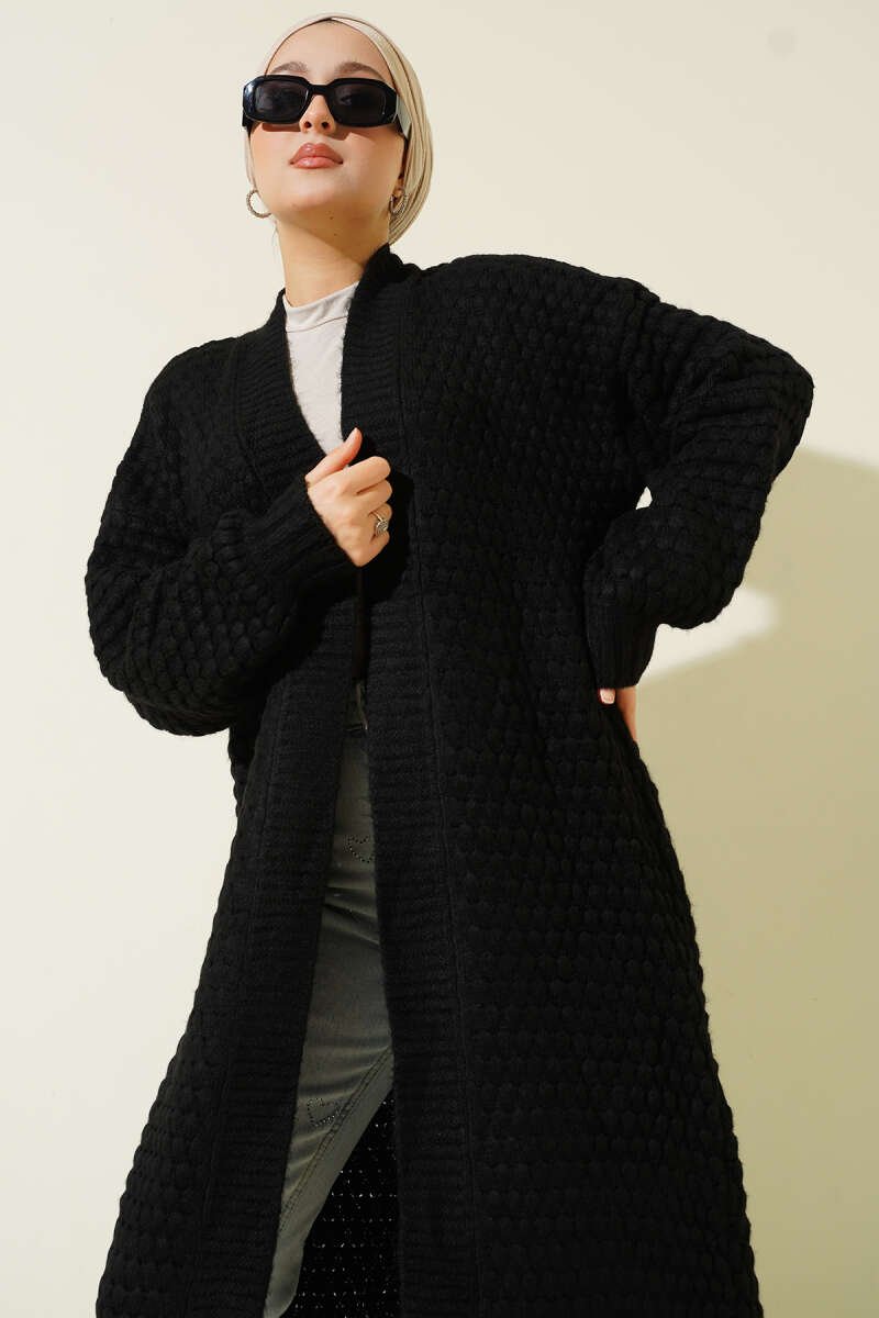 Nohut Desen Uzun Triko Hırka siyah