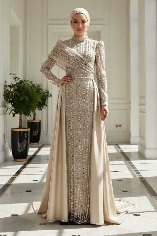 Omuz Detaylı Saten Abiye gold