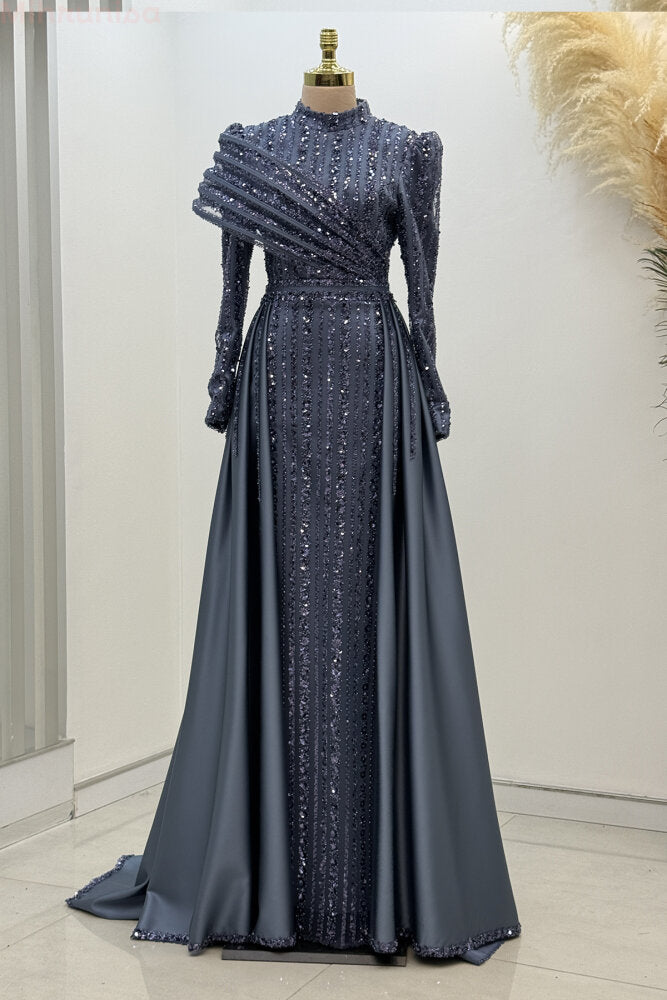 Omuz Detaylı Saten Abiye indigo