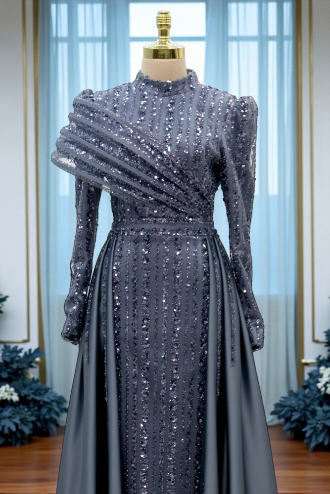 Omuz Detaylı Saten Abiye indigo