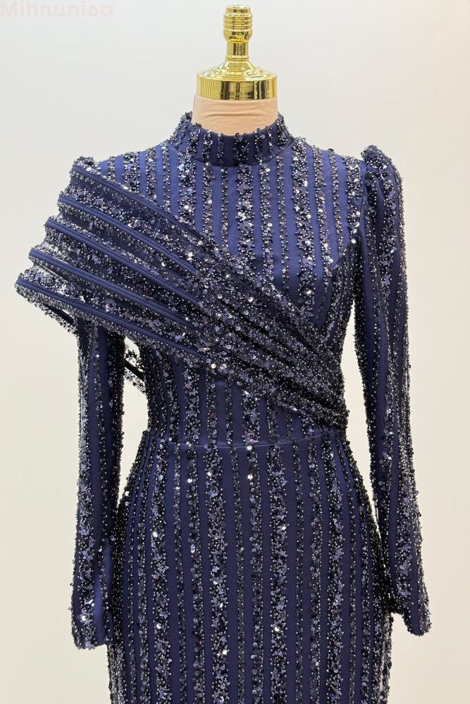 Omuz Detaylı Saten Abiye Lacivert