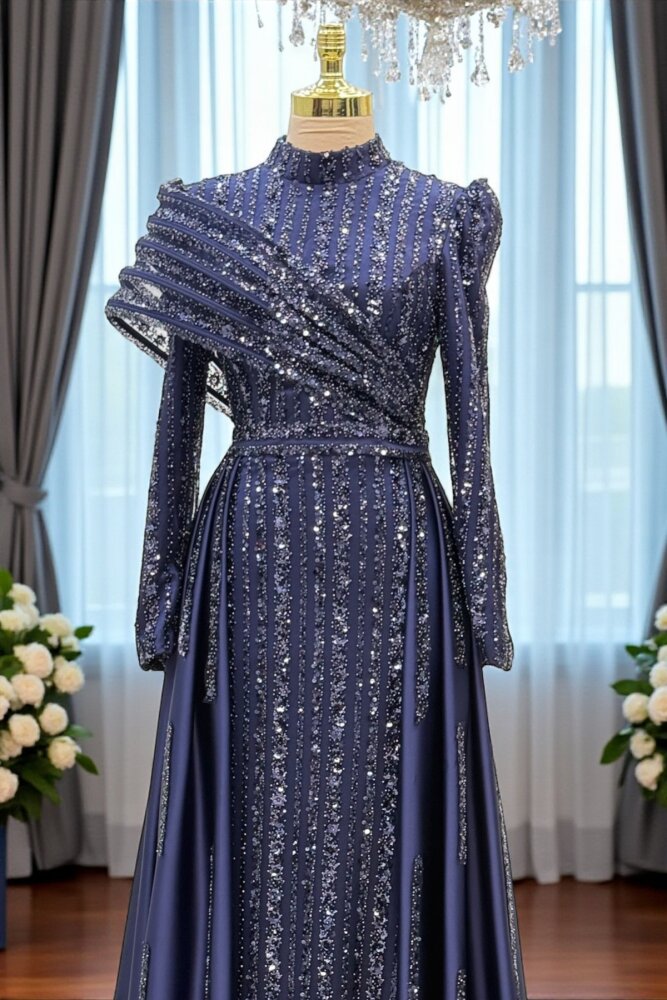 Omuz Detaylı Saten Abiye Lacivert