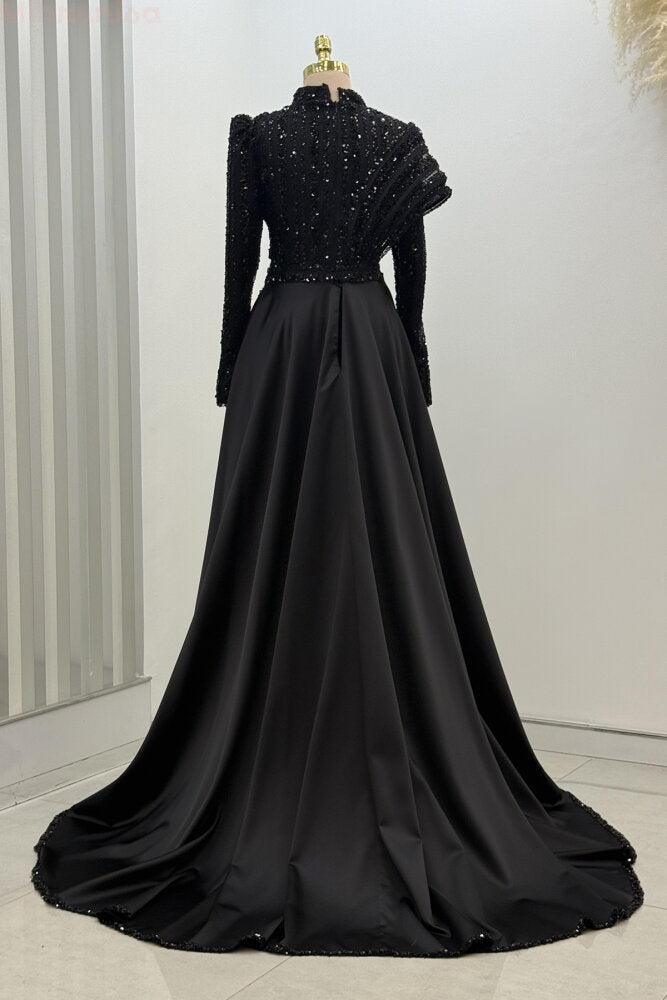 Omuz Detaylı Saten Abiye siyah