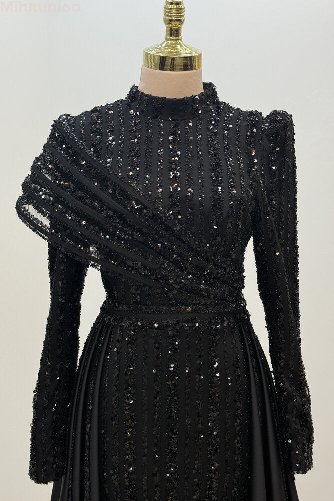 Omuz Detaylı Saten Abiye siyah