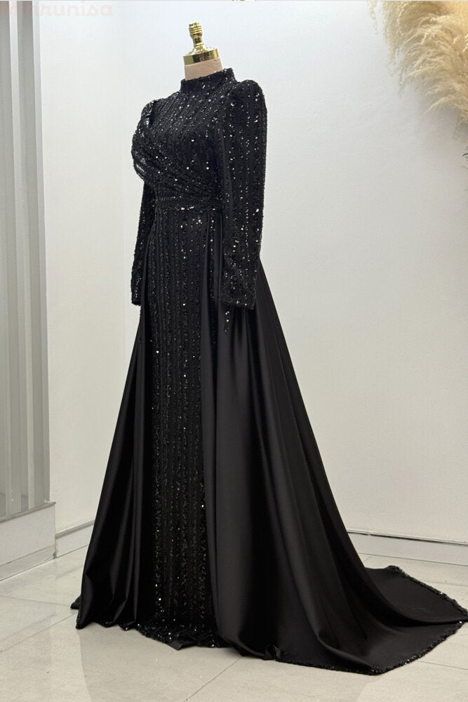 Omuz Detaylı Saten Abiye siyah