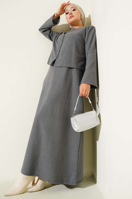 Mini Önü Düğmeli Elbise gri