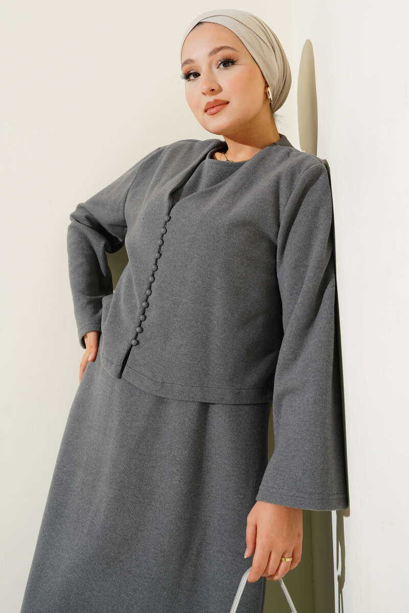 Mini Önü Düğmeli Elbise gri