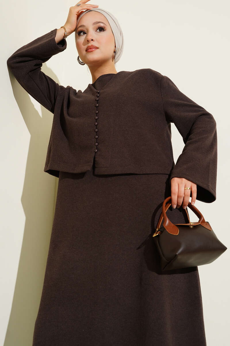 Mini Önü Düğmeli Elbise kahve