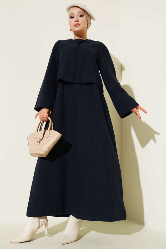 Mini Önü Düğmeli Elbise Lacivert