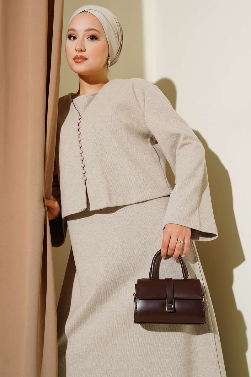 Mini Önü Düğmeli Elbise taş