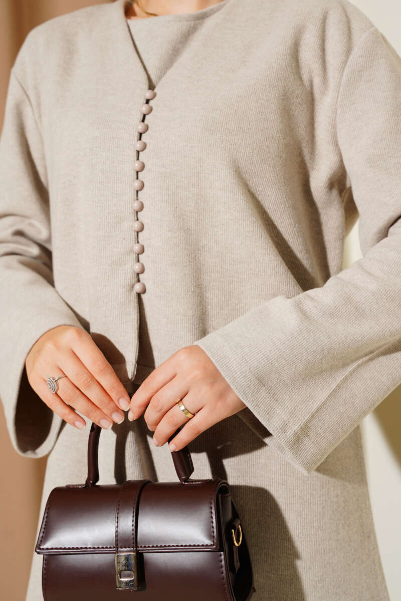 Mini Önü Düğmeli Elbise taş