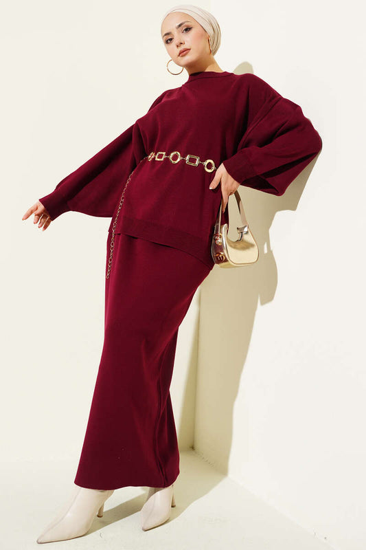 Ensemble tricot deux pièces tunique oversize avec jupe bordeaux