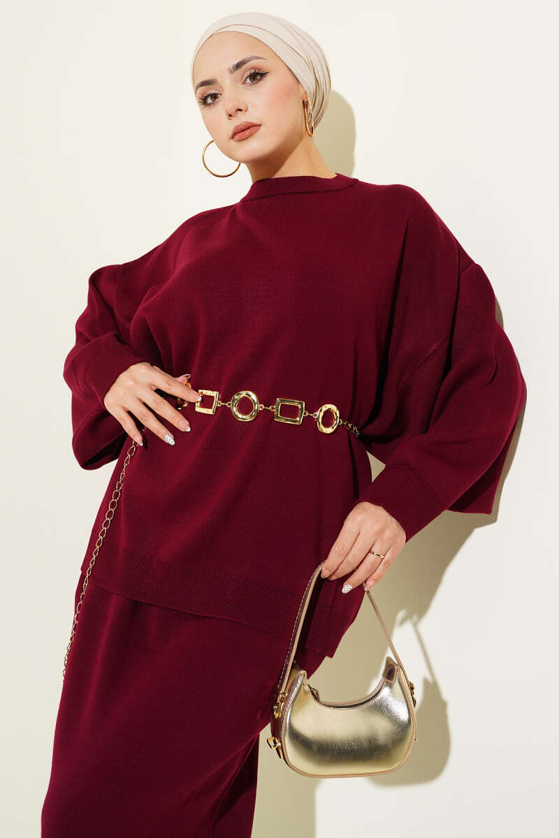 Oversize Tunic Skirt Knit Two-Piece Set Burgundy