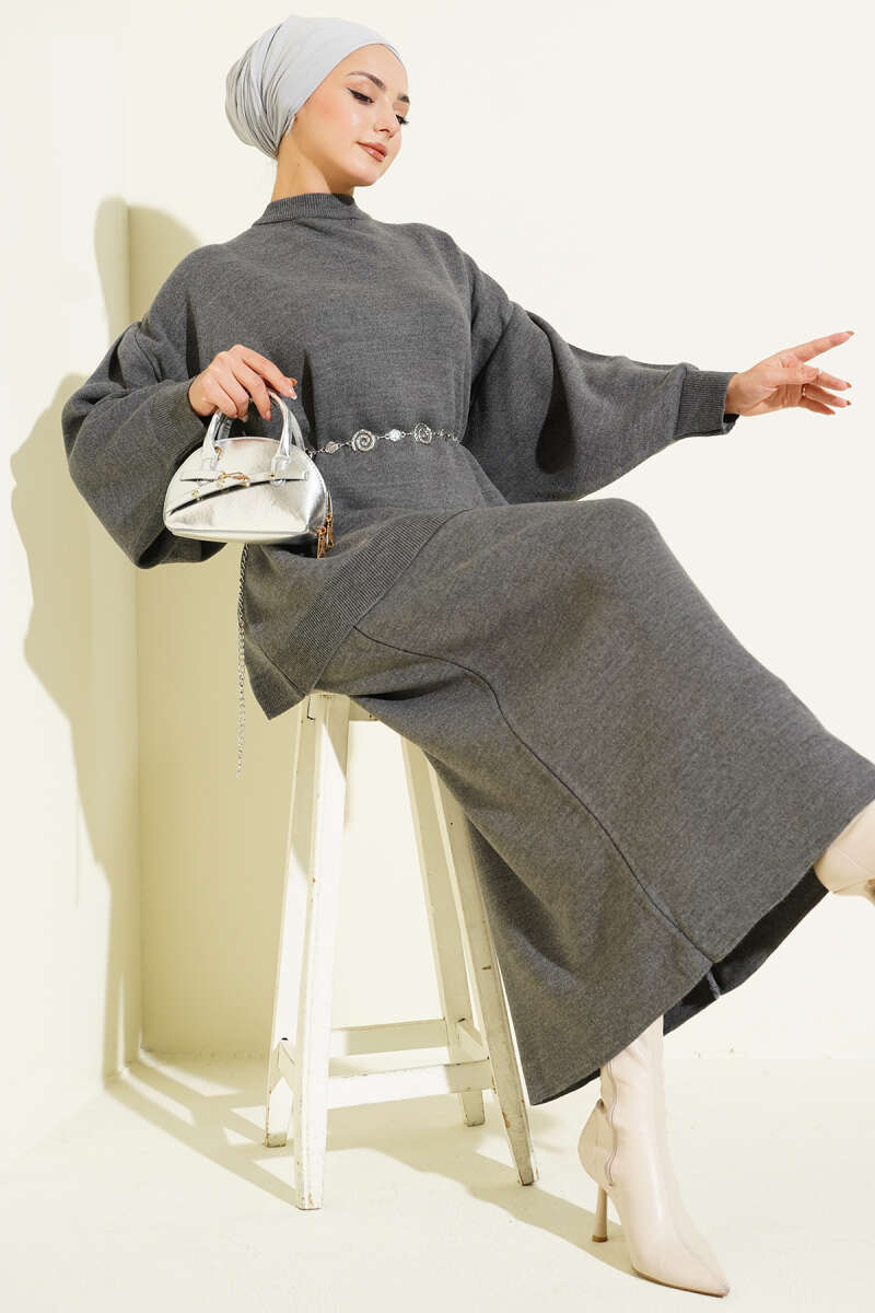 Oversize Tunik Etekli Triko İkili Takım gri