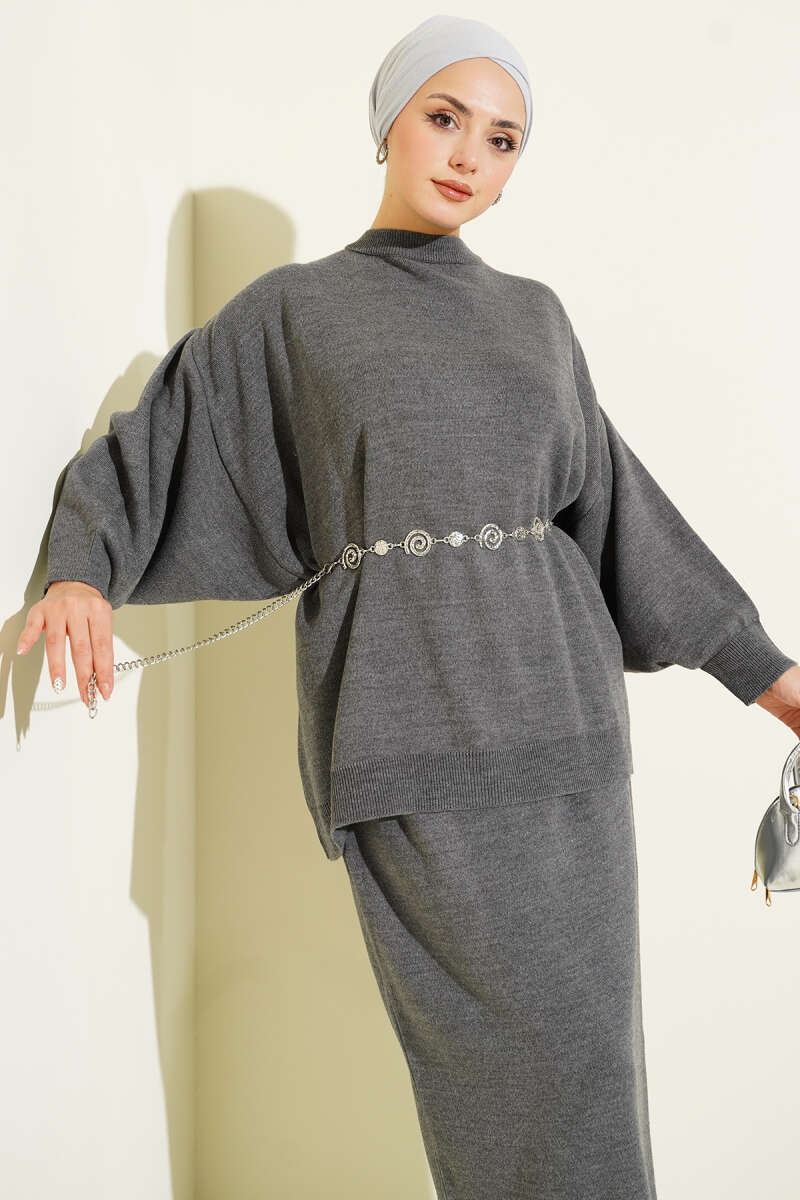 Oversize Tunik Etekli Triko İkili Takım gri