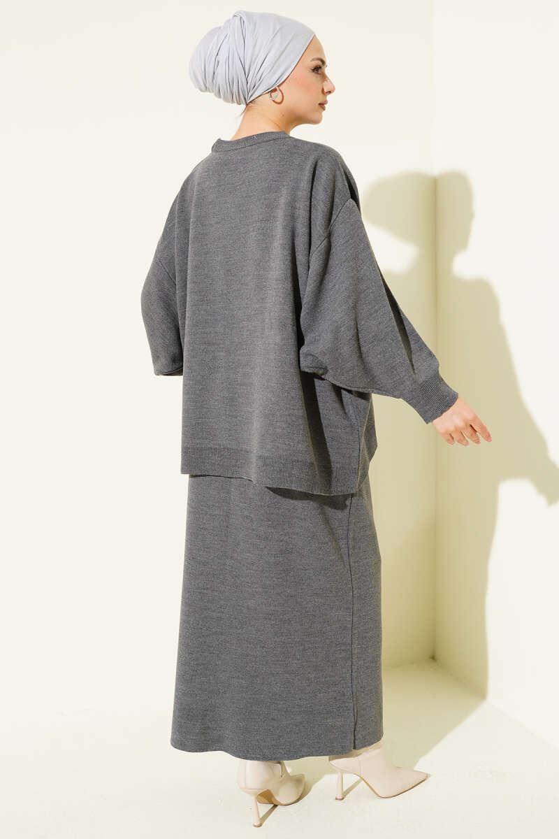 Oversize Tunik Etekli Triko İkili Takım gri