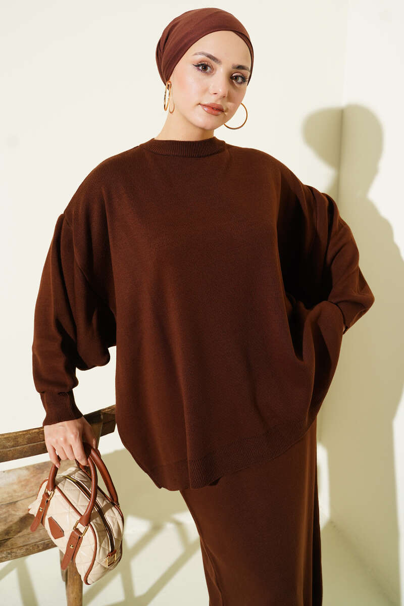 Oversize Tunik Etekli Triko İkili Takım kahverengi