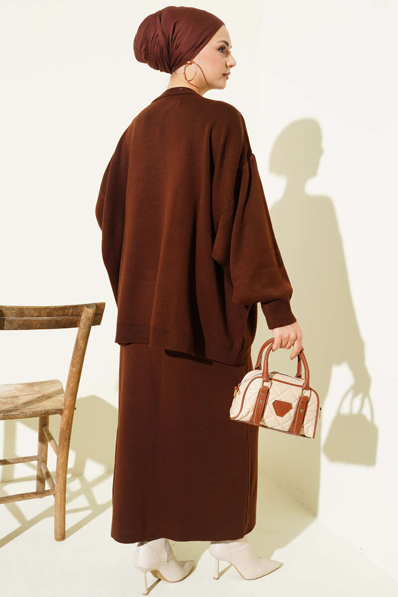 Oversize Tunik Etekli Triko İkili Takım kahverengi