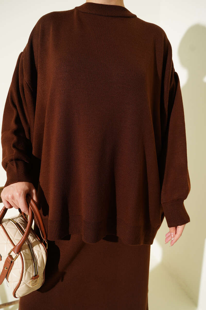 Oversize Tunik Etekli Triko İkili Takım kahverengi
