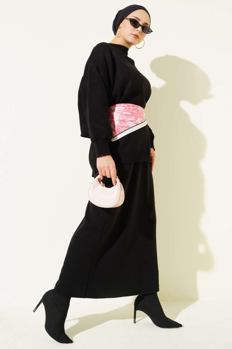 Oversize Tunic Skirt Knit Two-Piece Set black