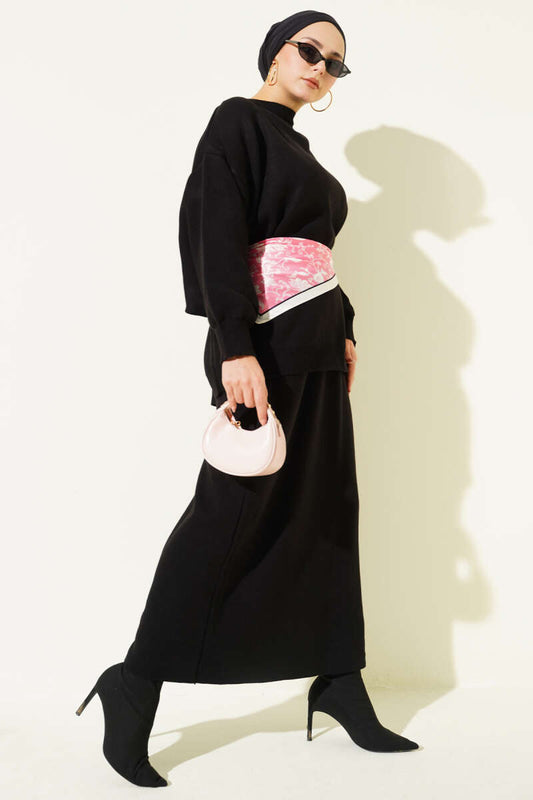 Ensemble tricot deux pièces tunique oversize avec jupe noir