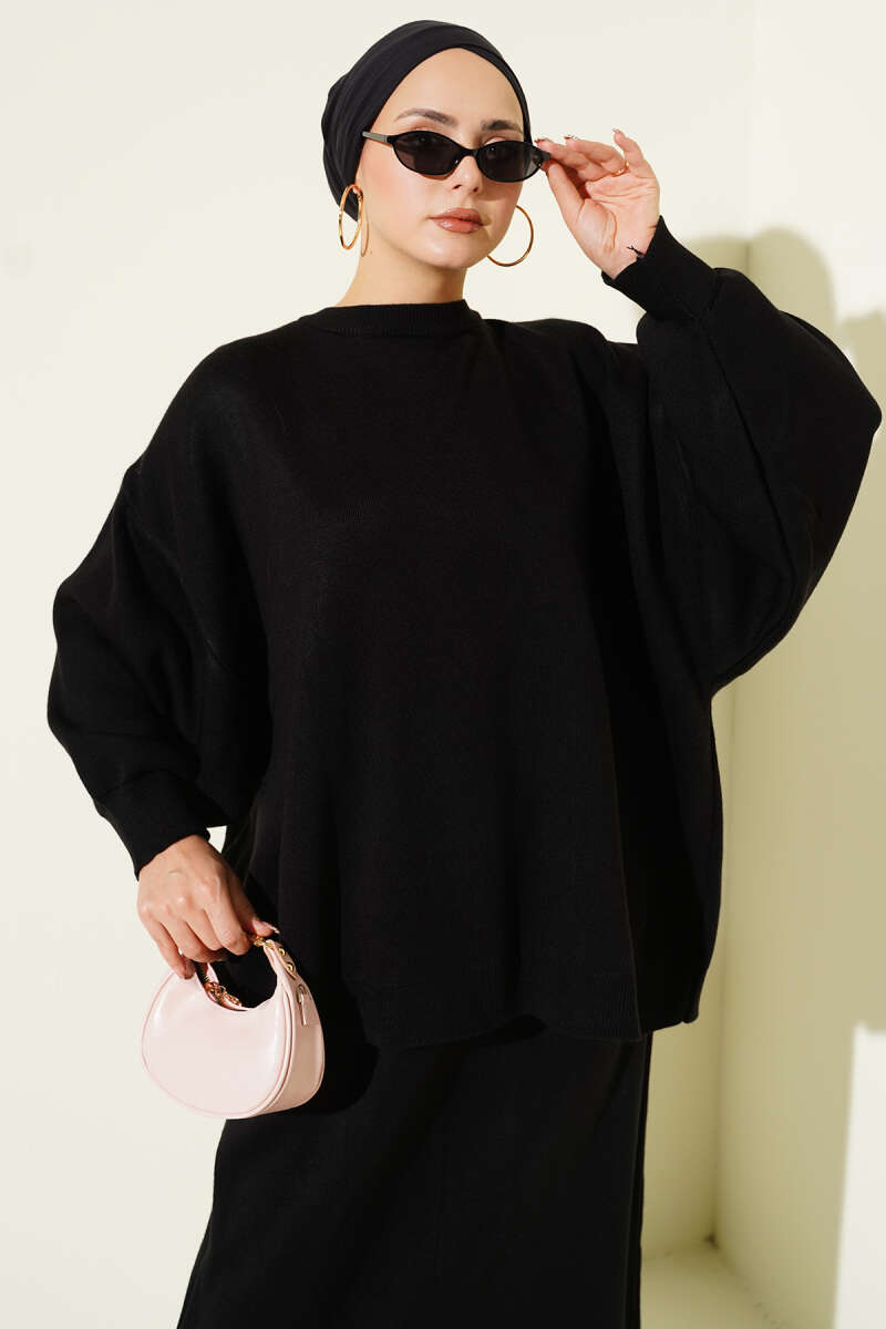 Oversize Tunic Skirt Knit Two-Piece Set black