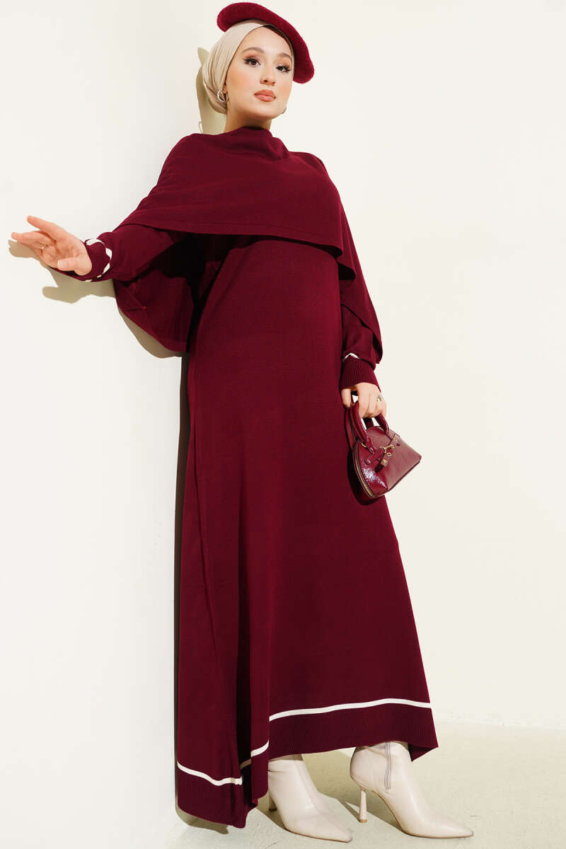 Pelerin Detaylı Triko Elbise bordo