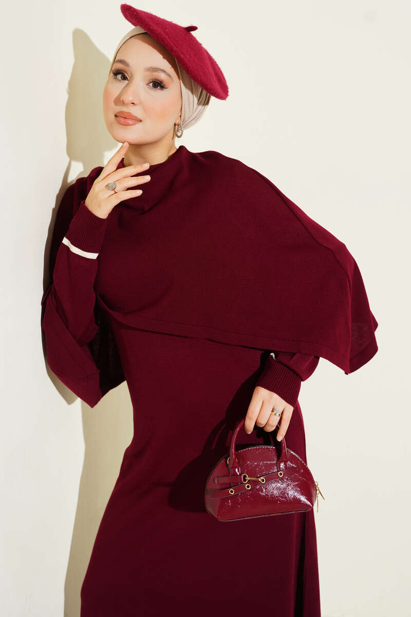 Pelerin Detaylı Triko Elbise bordo