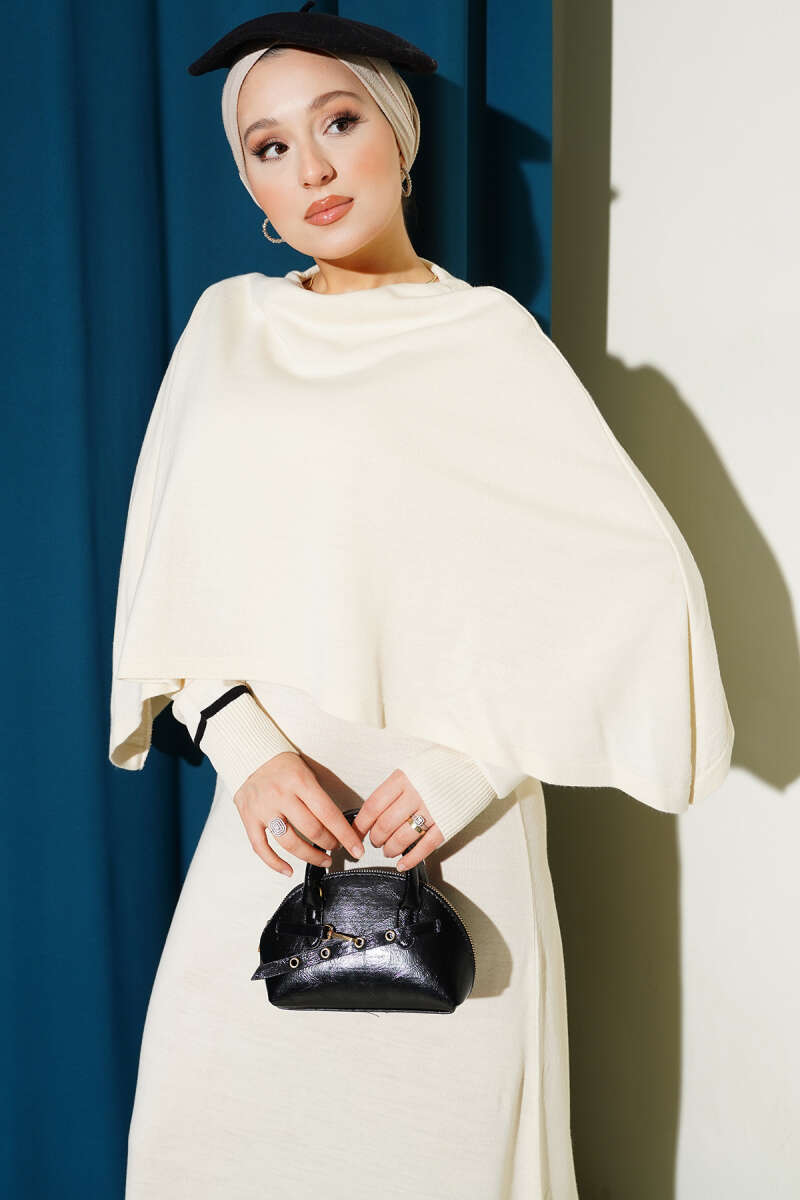 Pelerin Detaylı Triko Elbise ekru