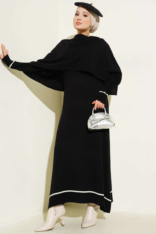 Pelerin Detaylı Triko Elbise siyah