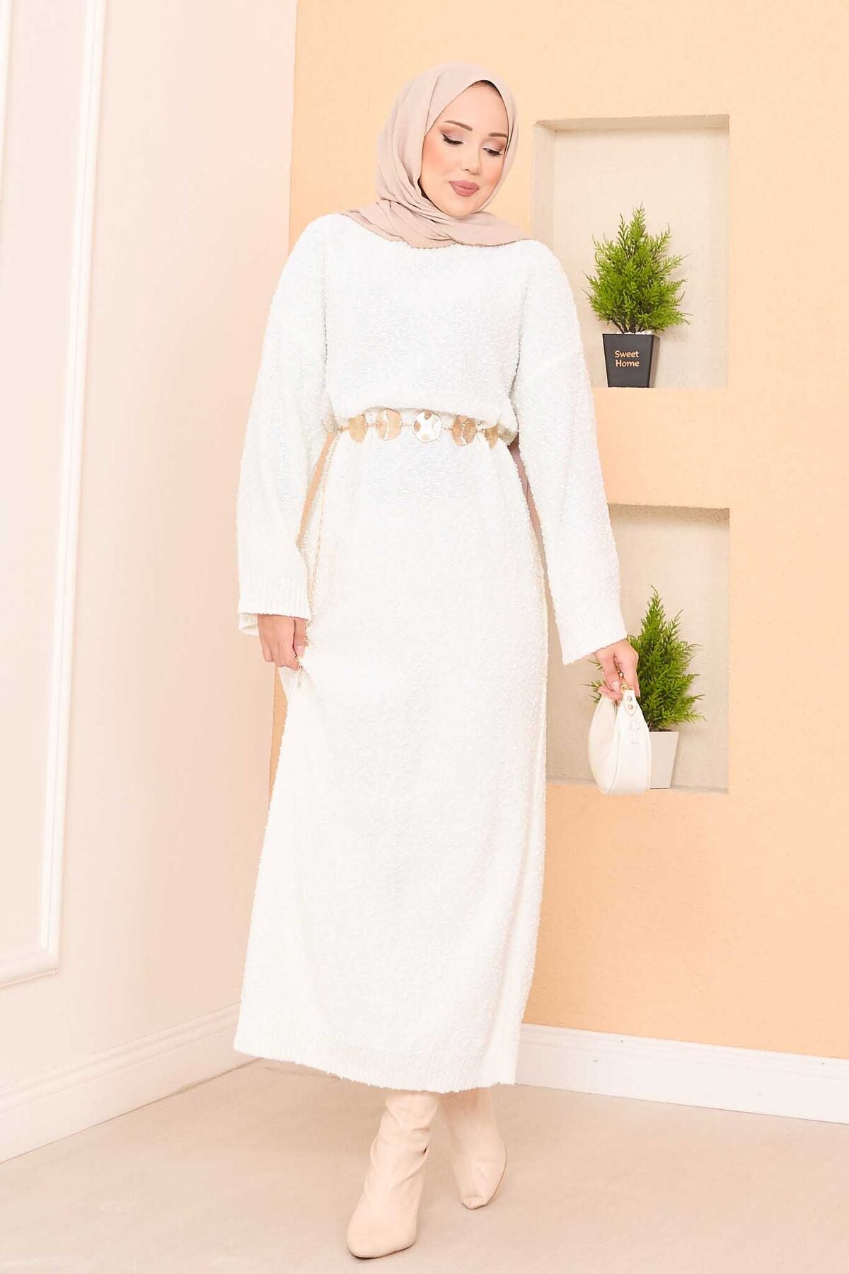 Pıtırcık Dokulu Oversize  Elbise ekru