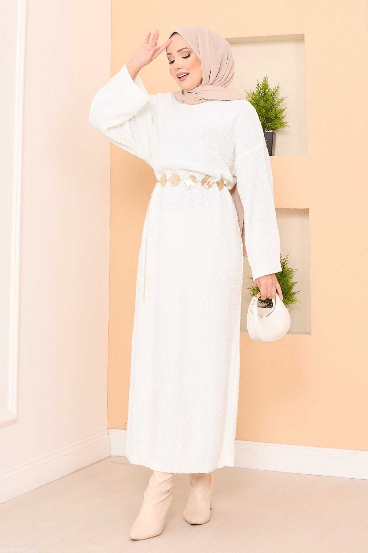 Pıtırcık Dokulu Oversize  Elbise ekru