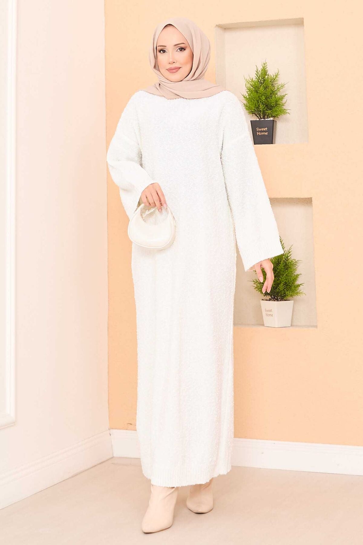 Pıtırcık Dokulu Oversize  Elbise ekru