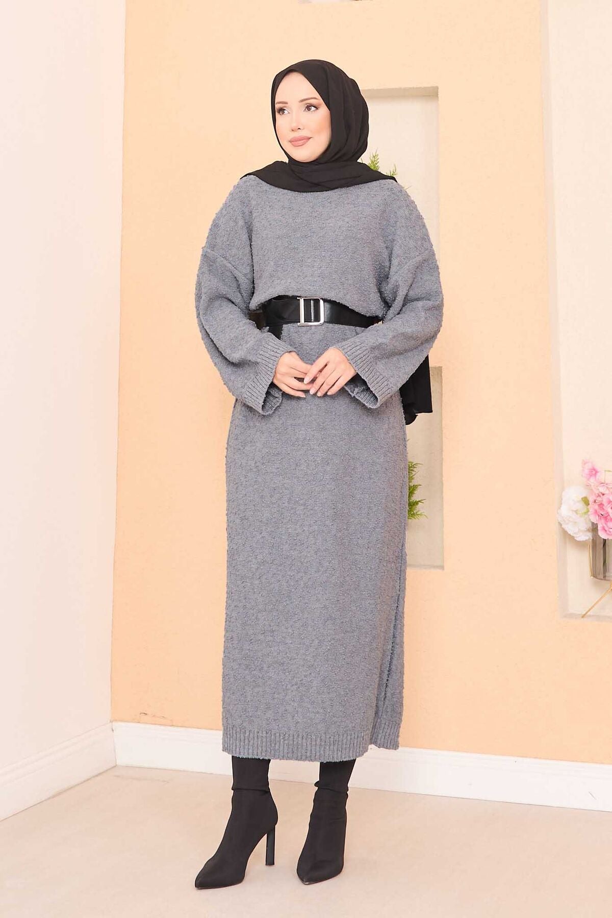 Pıtırcık Dokulu Oversize  Elbise gri