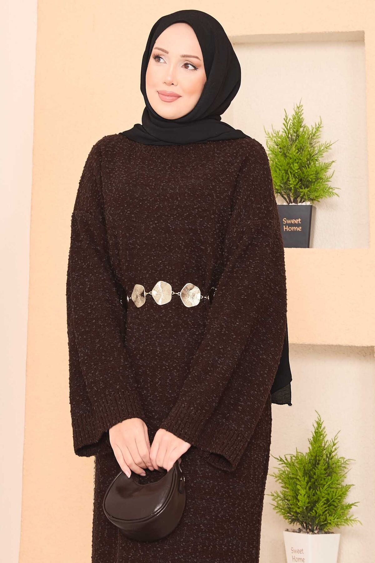 Pıtırcık Dokulu Oversize Elbise Kahve