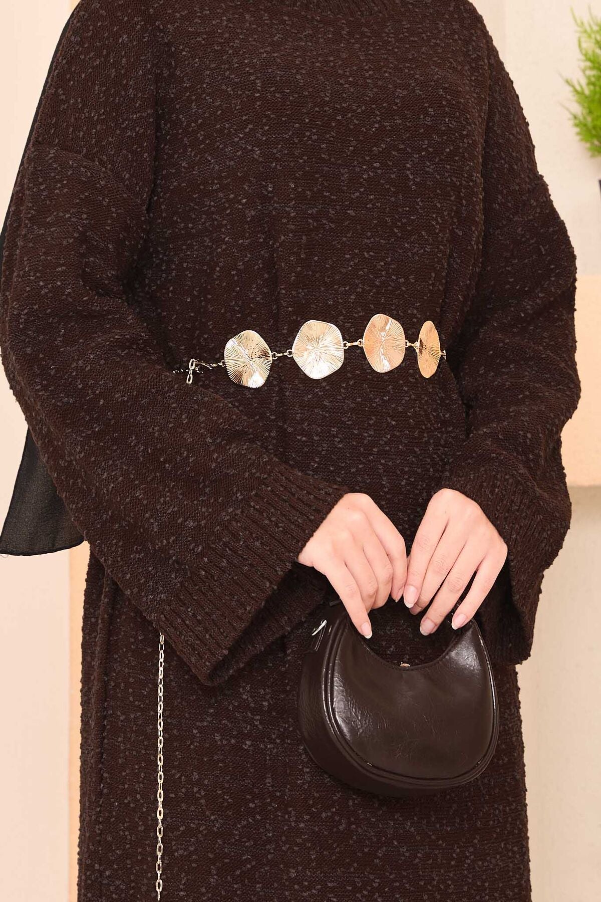 Pıtırcık Dokulu Oversize Elbise Kahve