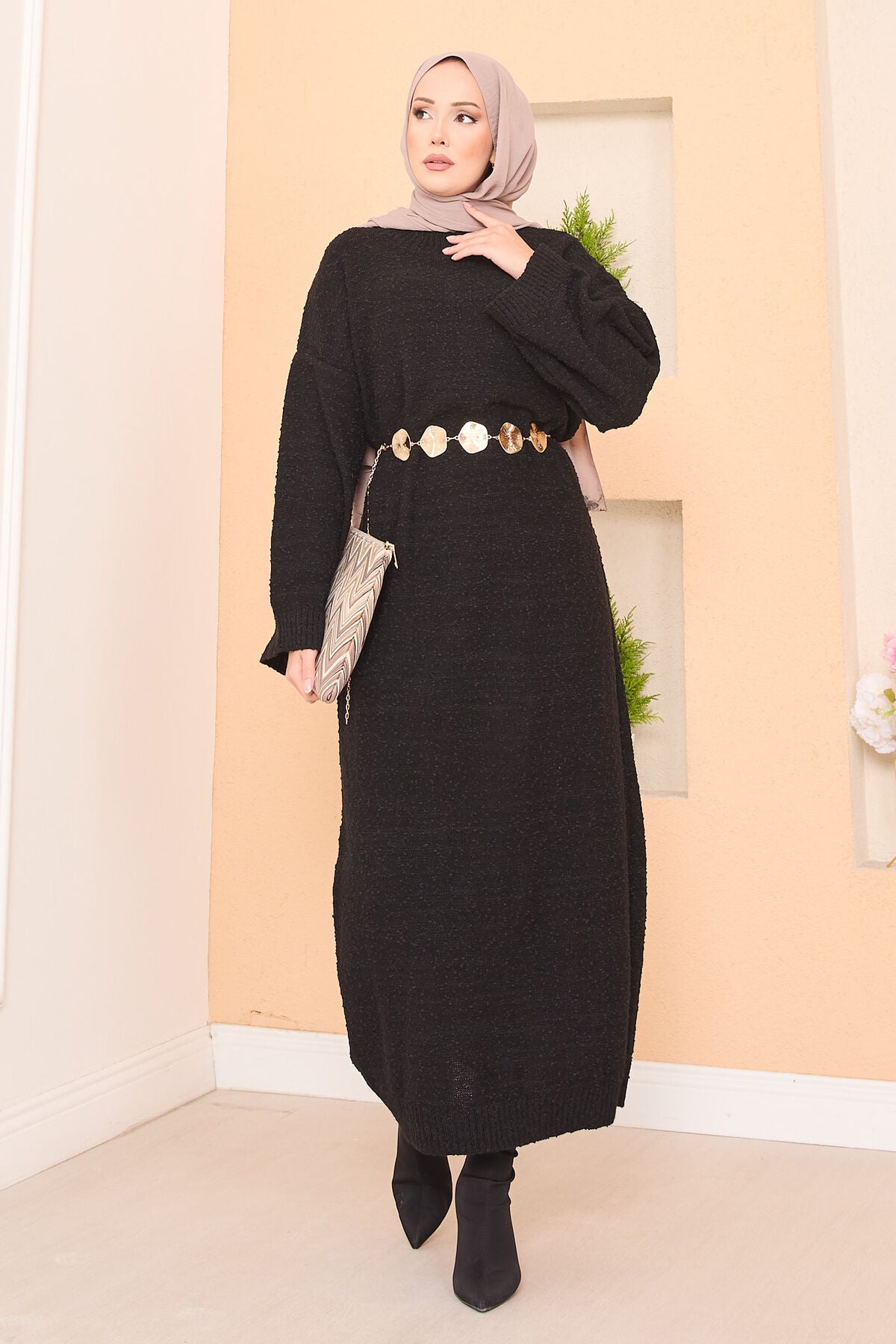 Pıtırcık Dokulu Oversize  Elbise siyah