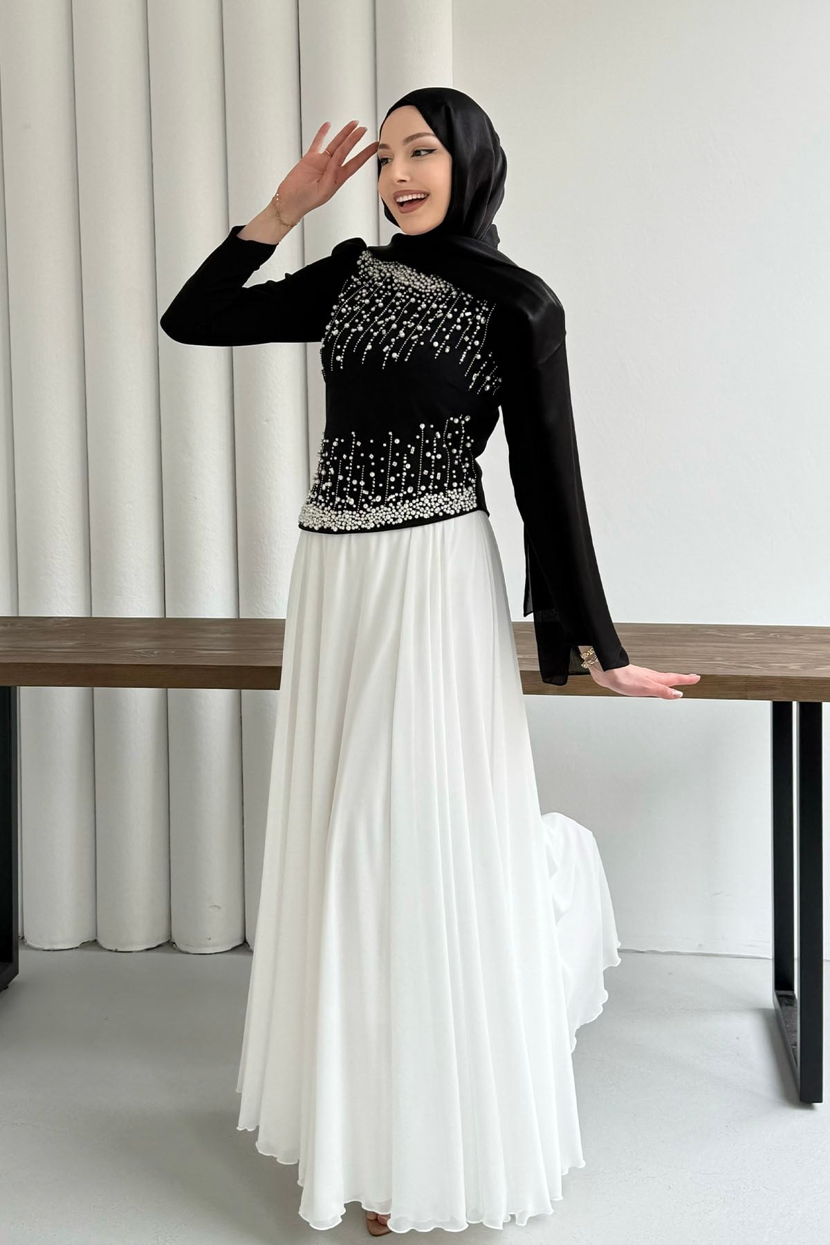 Stone-Embroidered Black Modest Evening Dress
