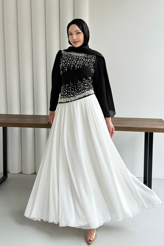 Stone-Embroidered Black Modest Evening Dress