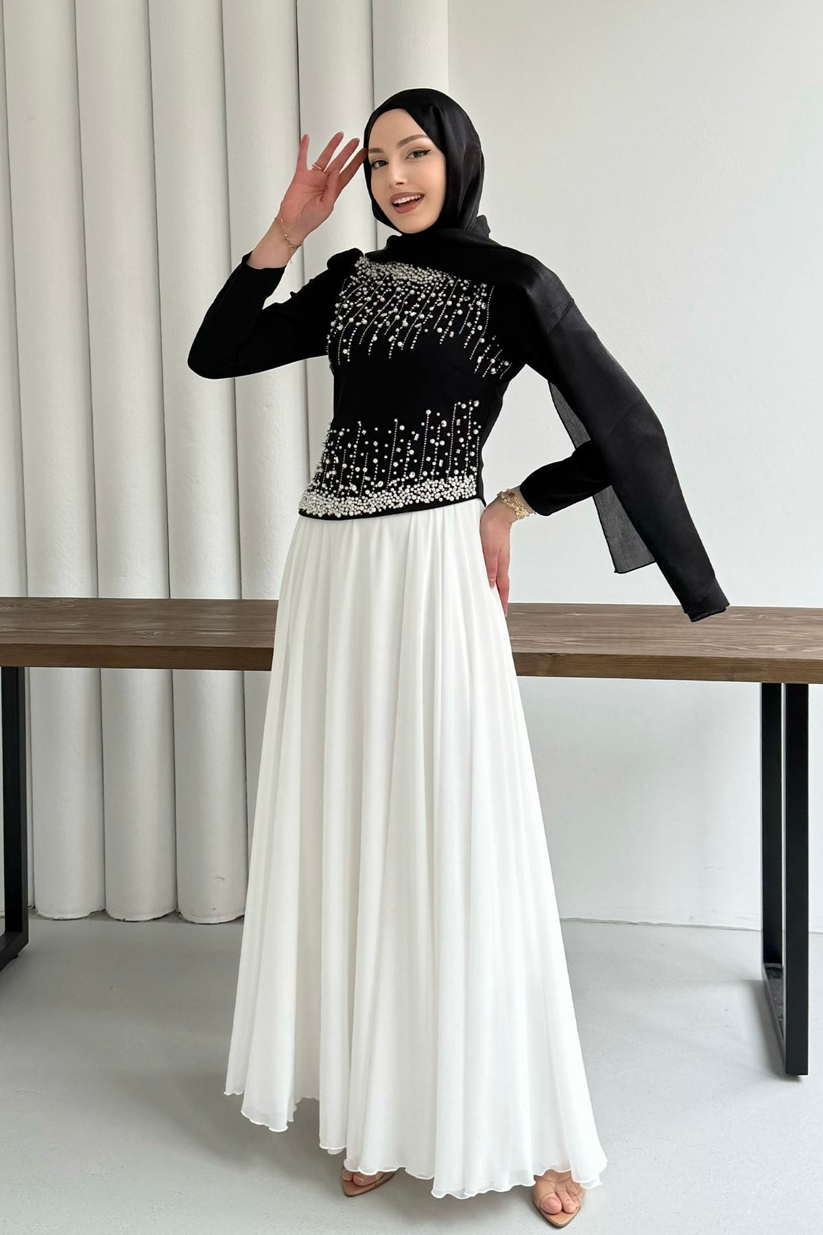 Stone-Embroidered Black Modest Evening Dress
