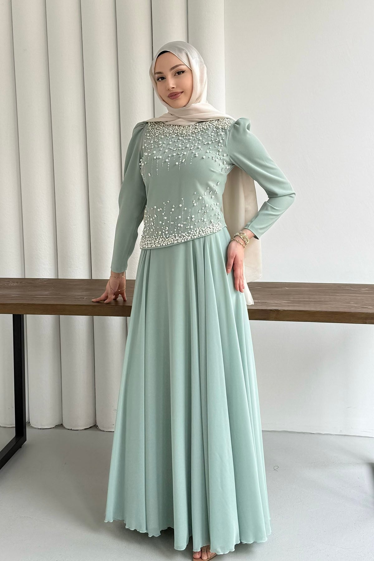 Stone-Embroidered Modest Evening Dress mint