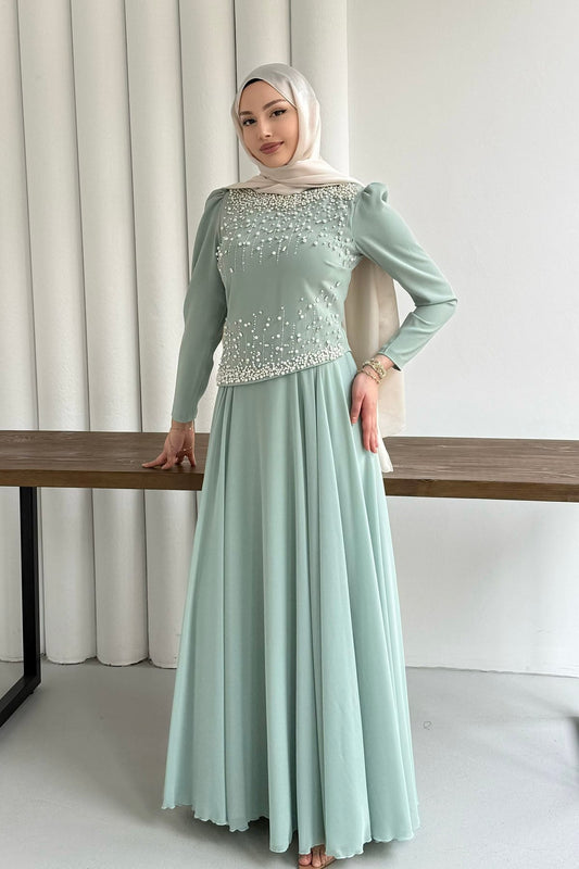 Stone-Embroidered Modest Evening Dress mint