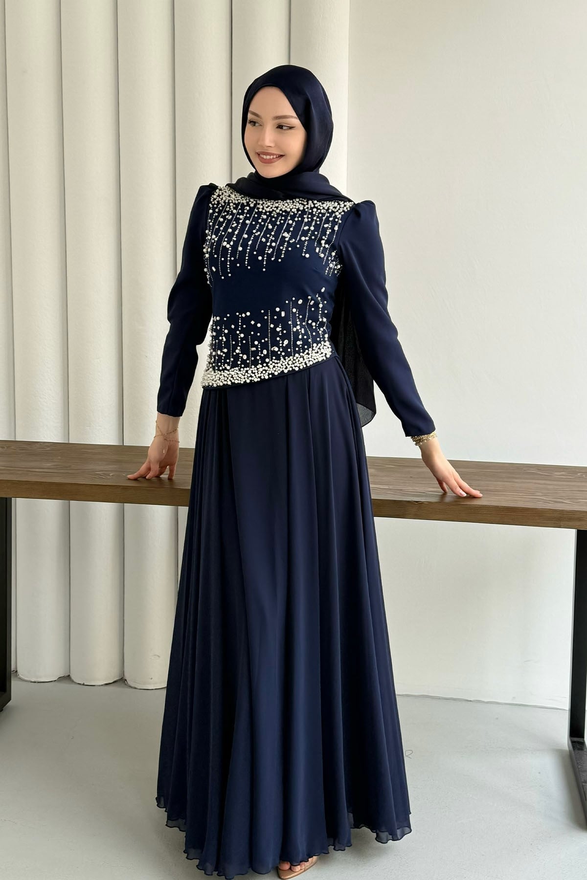 Stone-Embroidered Navy Blue Modest Evening Dress