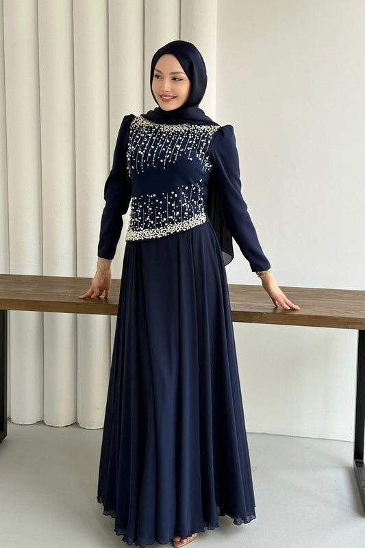 Stone-Embroidered Navy Blue Modest Evening Dress